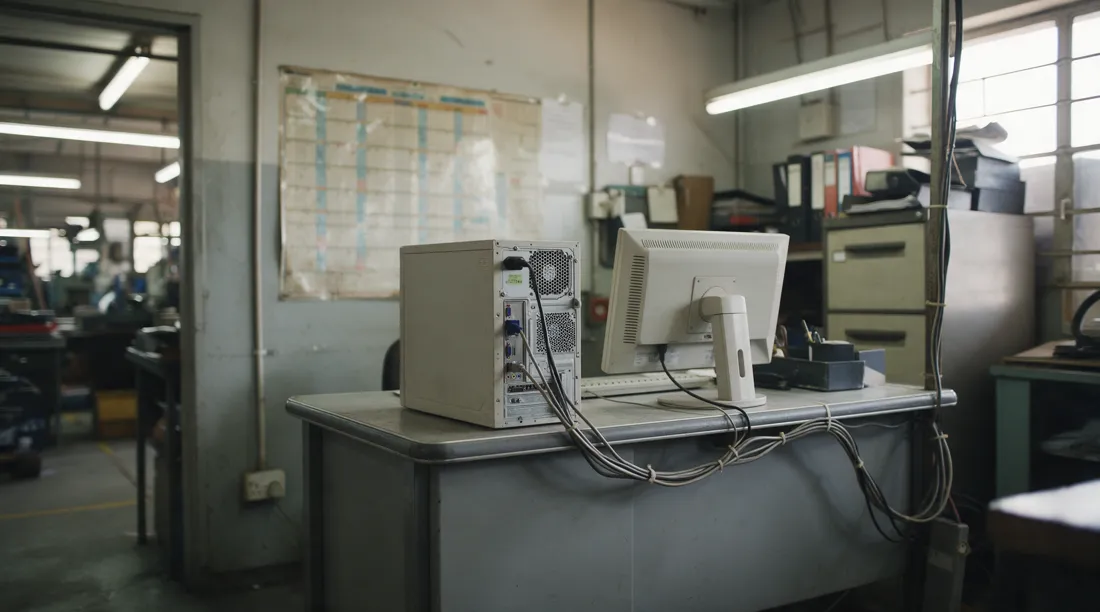 An older beige desktop computer and monitor on a steel desk in a manufacturer's back office, with cables tied back.