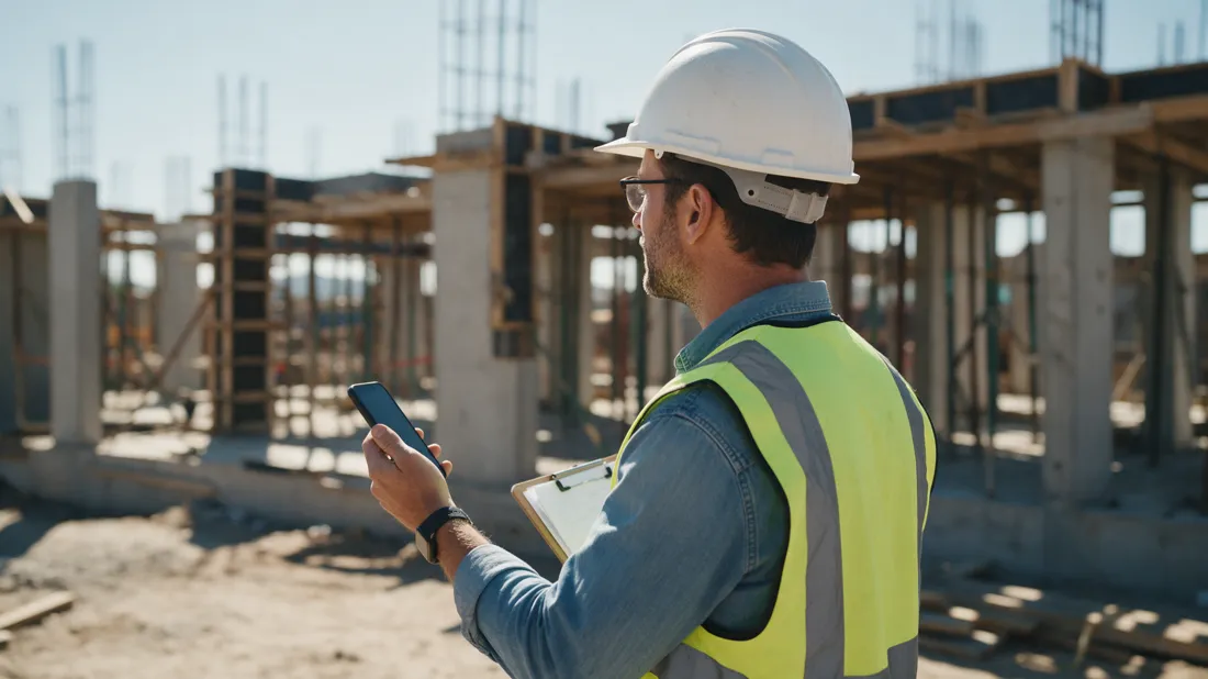 A site supervisor in a hard hat and high-visibility vest holds a phone and a paper clipboard, looking at a half-built concrete frame.