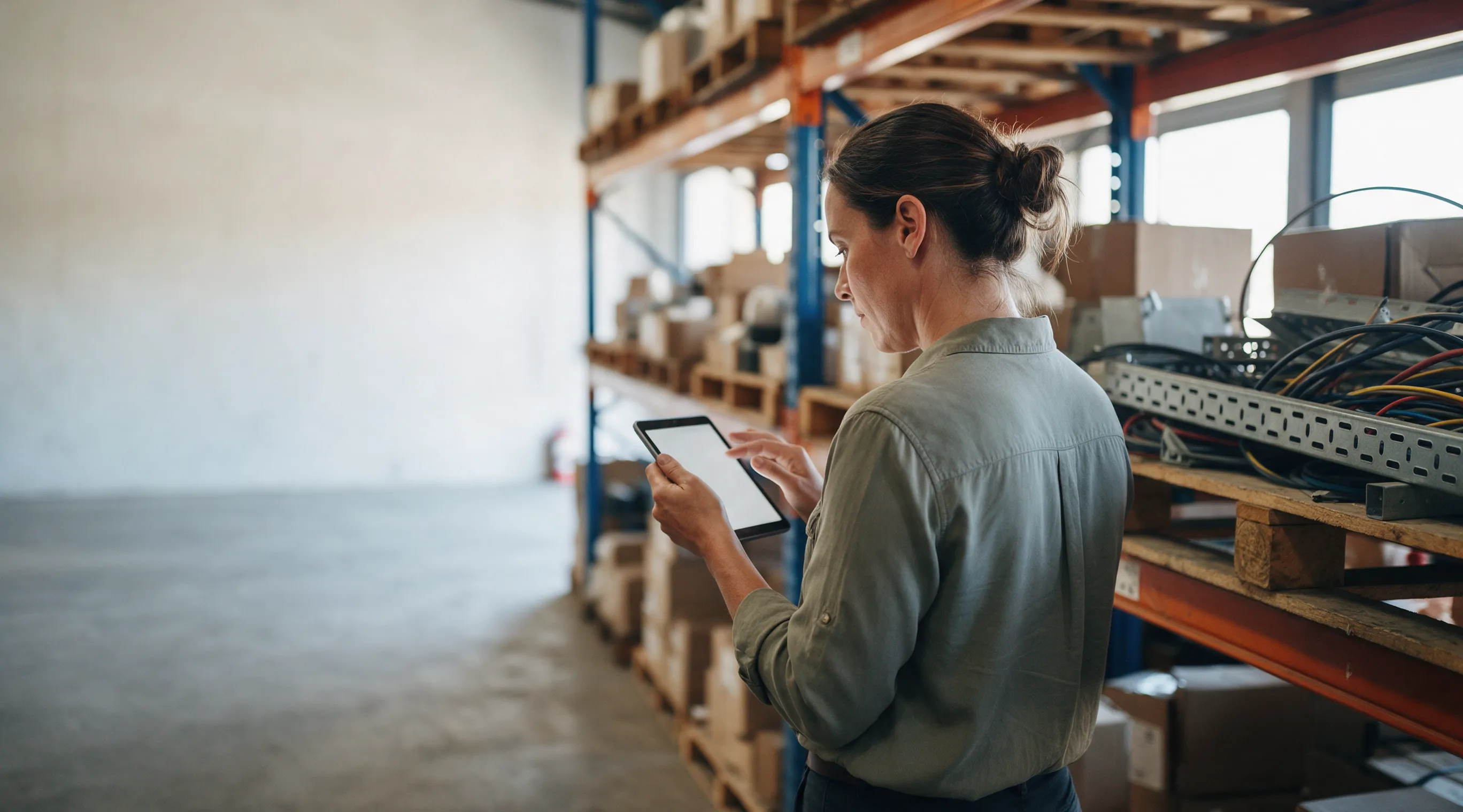 A woman in a work shirt checks stock on a tablet in a warehouse aisle, between steel shelving loaded with pallets and cartons.
